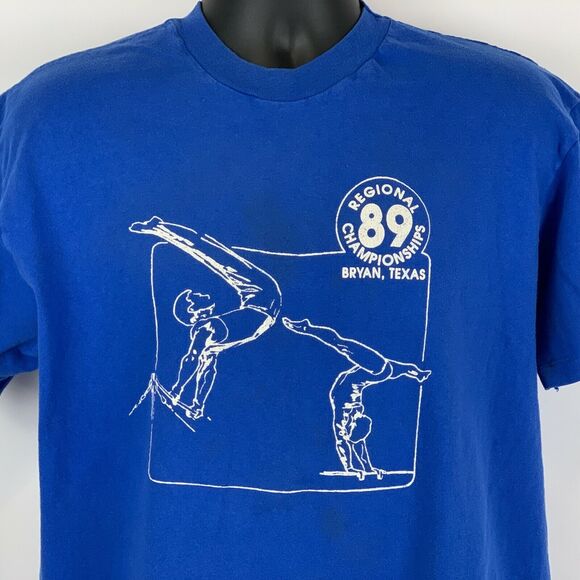 Vintage 80s Gymnastics Championships T Shirt Mens L Large Bryan Texas USA Blue - Picture 9 of 12